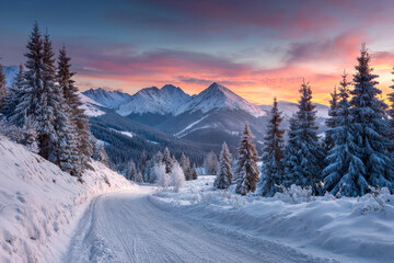 scenic winter pine forest covered in pristine white snow with sun light