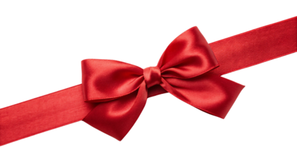 Red lustrous ribbon with refined bow tied diagonally from corner to corner, isolated on a transparent background