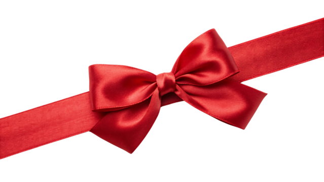 Red lustrous ribbon with refined bow tied diagonally from corner to corner, isolated on a transparent background