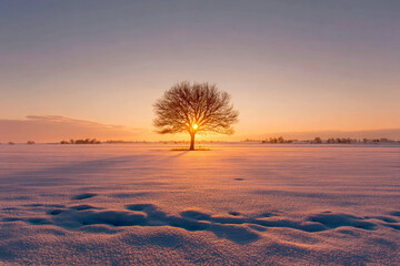 A peaceful snowy meadow with a lone oak tree in the center, its branches covered in frost, a soft orange glow of sunrise illuminating the scene.