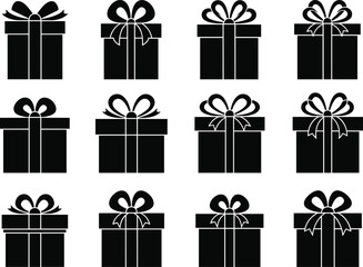 Gift box silhouette vector, ribbon styles, black icons, festive packaging, present design, minimalist illustration, holiday decor, wrapping concept, celebration theme