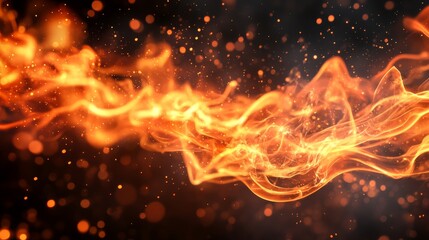 Ethereal orange flame elements with translucent qualities capturing light diffusion through fire, vivid sparks scattered throughout against dark background showing transparency effects