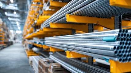 Medium shot of cantilever racking with adjustable arms holding long metal pipes main structure in sharp focus blurred warehouse background for flexible storage solutions.