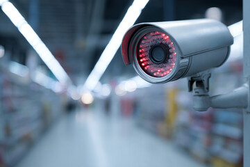 A sleek security camera quietly observes the supermarket aisles, maintaining a watchful eye for safety and security.