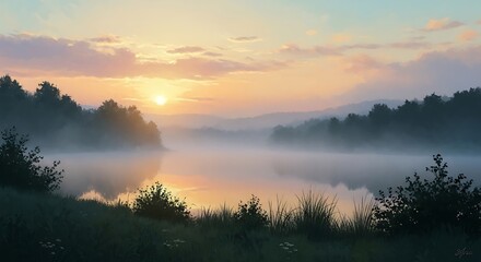 Fototapeta premium Sunrise Misty Morning Landscape.