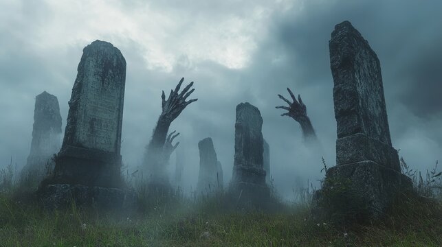 Haunting graveyard landscape with ancient crumbling headstones partially obscured by ground fog while multiple zombie arms in various stages of decomposition reach skyward through disturbed graves