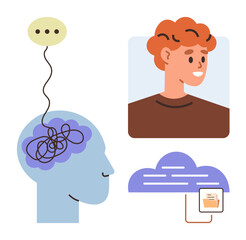 Human head with tangled thoughts, speech bubble, smiling person, cloud storage. Ideal for mental health, communication, self-awareness, emotional intelligence, online learning personal growth