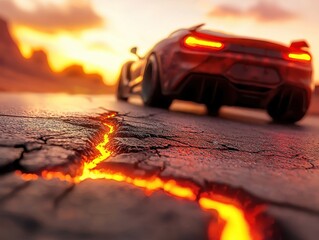 A dramatic scene featuring a sports car near a glowing lava crack on a cracked road during sunset, highlighting danger and adventure.