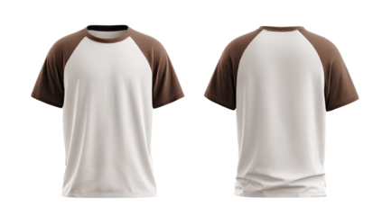 Front and back view of a blank, short-sleeved t-shirt.  Two-tone raglan sleeves and neckline.  Cream/off-white base with a rich, muted brown accent.  Mock-up design, digitally rendered