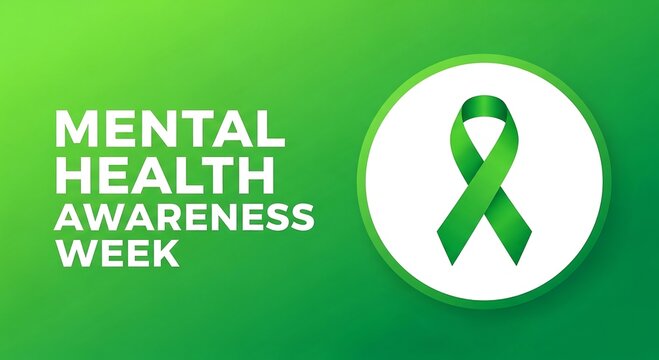 Mental health awareness week with green ribbon isolated on green background