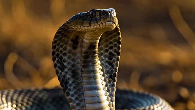 A majestic cobra snake displays its flared hood in a powerful defensive posture