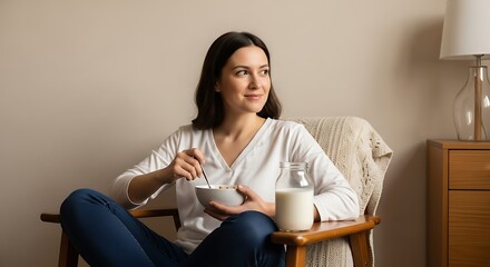 Woman Eating Breakfast in Chair.