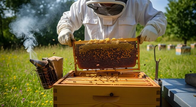 Beekeeper inspecting a honeycomb frame with bees and smoker in a field of hives on a sunny day - Powered by Adobe