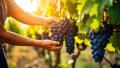 Hands picking ripe red grapes from vineyard at sunset