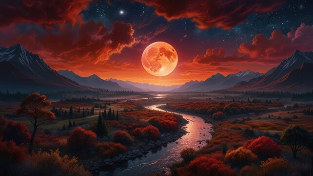 Serene autumnal landscape bathed in the crimson glow of a giant full moon rising over a winding river and snow-capped mountains.