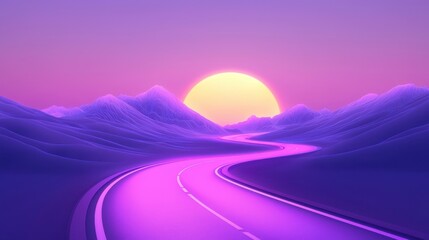 A vibrant, surreal landscape featuring a winding road under a purple sunset and mountains, evoking a dreamlike atmosphere.