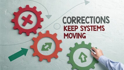 Corrections in management keep systems efficient and progressing towards future goals with visual gear concept and arrows