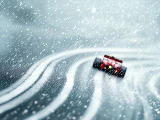 A red race car speeds through a wet track, leaving tire marks in the rain, showcasing a dynamic and thrilling motorsport scene.