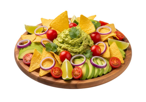 Delicious guacamole and nacho platter isolated on transparent background