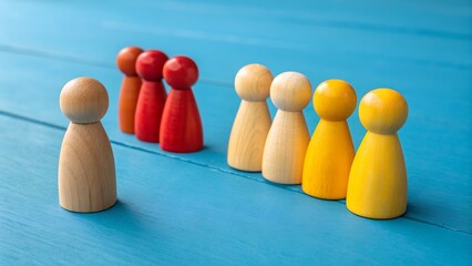 Wooden Figurines Representing Individuality and Group Dynamics – Conceptual Image Symbolizing Social Inclusion, Leadership, Diversity, Isolation, and Behavioral Psychology on Blue Surface