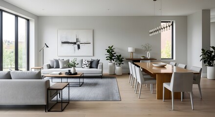 Modern living room with dining area.