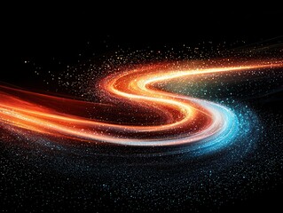A vibrant swirl of colorful light trails and particles against a dark background, creating a dynamic and energetic visual effect.
