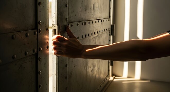 Person opening a heavy metal door with light streaming through the opening into the dark room