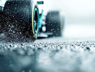 A close-up view of a racing car tire on a wet surface, showcasing water splashes and emphasizing speed and motion.