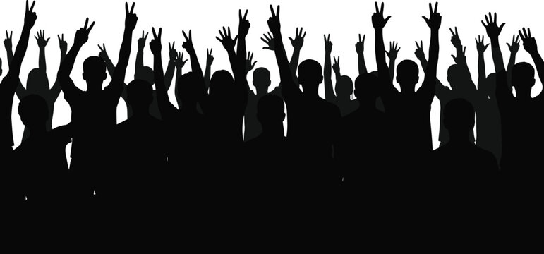 Silhouette of crowd with raised hands making peace signs – concert, celebration, unity, and crowd energy concept.