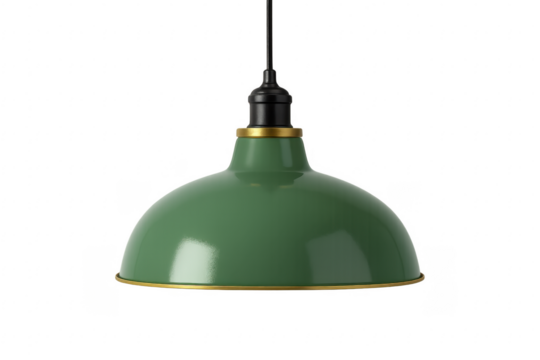 Green metal hanging lamp illuminating with transparent background