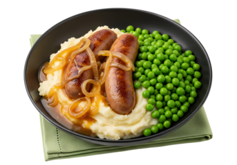 Bangers and mash with peas, white background isolated
