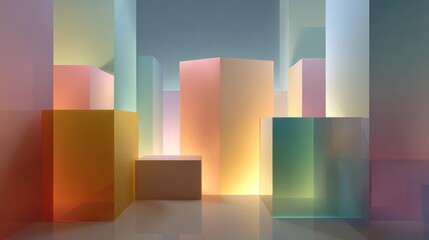 Fototapeta premium Colorful abstract glass structures modern art exhibit visual art indoor elevated view contemporary design
