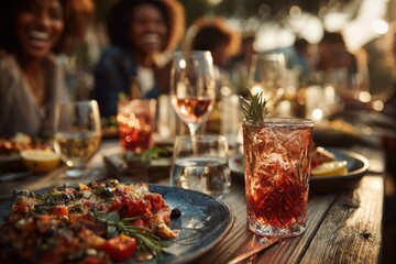 Celebration gathering with cocktails and pizza outdoor venue dinner party atmosphere vibrant social scene