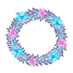 Watercolor Floral Wreath With Pink And Blue Flowers isolated on a transparent background