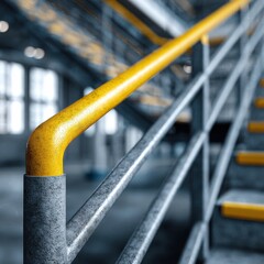 Industrial staircase with yellow handrail warehouse photography urban environment close-up view structural design