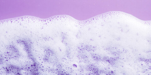 close-up, lush white detergent foam, abstract purple background, copy space,washing foam, horizontal banner for a cleaning company or laundry, poster, top view, free space for text