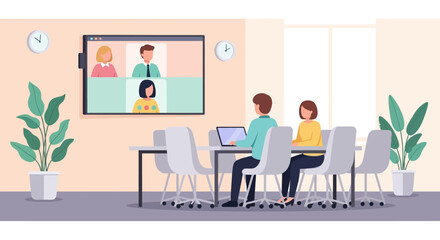 Hybrid meeting in modern office with video conferencing.