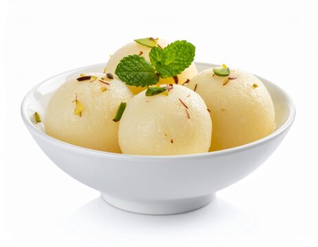 A studio shot of Indian Rasgulla dessert balls garnished with leaves