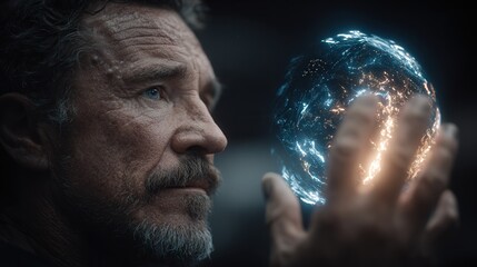 Scientist exploring a glowing holographic Earth in futuristic laboratory with advanced technology and human progress theme.