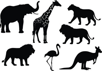 Silhouette set of wild animals including elephant, giraffe, lion, tiger, flamingo, and kangaroo – nature and wildlife concept.