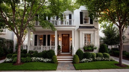 Charming family home in suburban neighborhood architecture photography lush garden daytime view cozy aesthetic