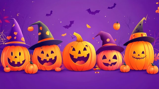 Whimsical vector illustration of smiling pumpkins dressed in halloween costumes, playful character design with vibrant orange against purple background with festive typography