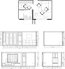 Luxury Bedroom Vector, Construction Plan, Furniture Layout, Room Elevation, Black and White