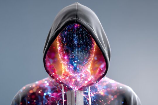 Digital anonymity in technology: faceless hoodie with vibrant digital patterns - Powered by Adobe