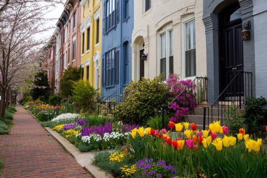 A row of townhouses in spring Gardens bloom with colorful flowers The mood feels fresh and uplifting