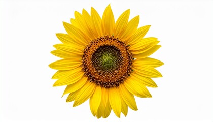 Isolated sunflower in full bloom with yellow petals and brown-green center on white background