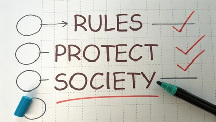 Handwritten rules for protecting society with checkmarks, markers, and outline on graph paper background