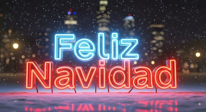 Feliz Navidad neon sign on snowy cityscape background - Powered by Adobe