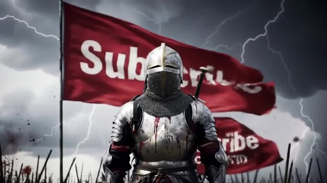 epic knight stands before subscribe banner stormy sky
