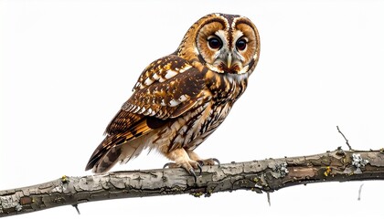 Isolated tawny owl perched on branch with brown, white, and black plumage and rounded facial disc on transparent background